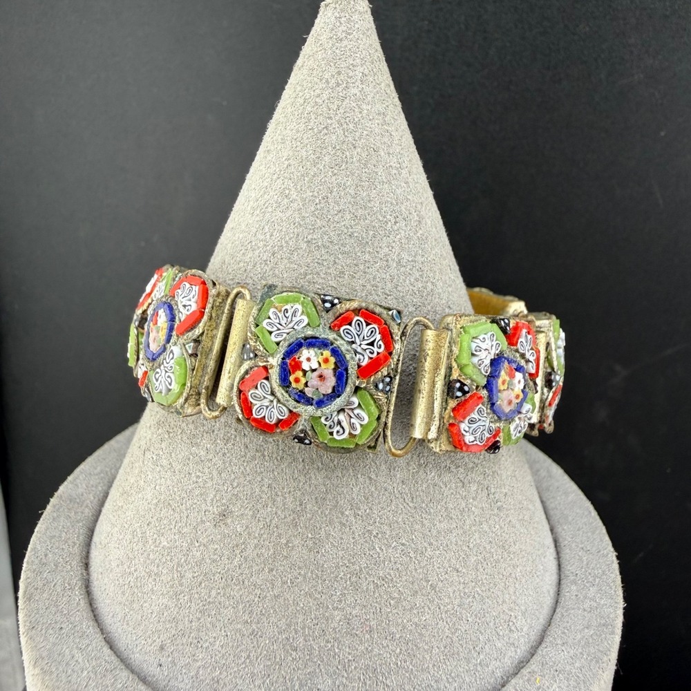 Vintage Micro Mosaic Bracelet Multicolor Floral Glass Gold Tone 7in